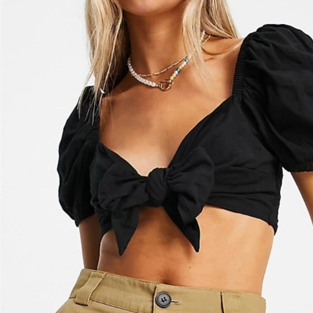 Collusion Crop Top Tie Front Puff Sleeve Black Womens Size 6